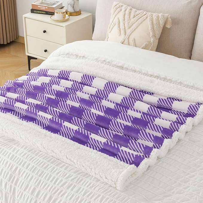 Touchat Sherpa Plaid Twin Blanket 60" X 70", Fuzzy Fluffy Soft Cozy Throw Blanket, Twin Size Plush Fleece Flannel Plush Microfiber Blanket for Couch Bed Sofa (PurpleWhite)