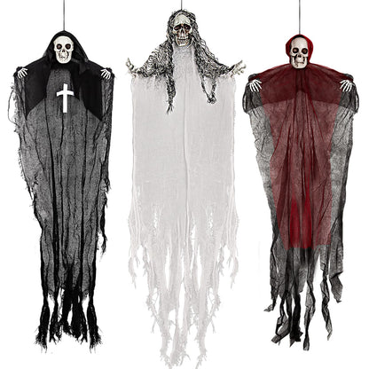 Halloween Hanging Skeleton Ghosts (3 Pack), One 36” and Two 32” Halloweens Grim Reapers, Flying Ghosts for Haunted House Prop Décor, Indoor/Outdoor Halloween Decorations