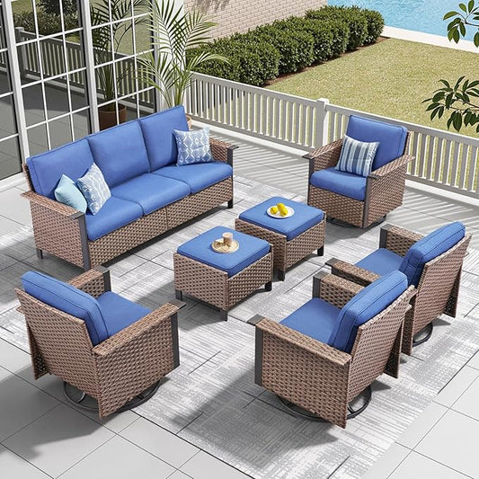 Outdoor Patio Furniture Set-7 Pieces All-Weather Wicker 3 Seater Sofa with Swivel Rocker Patio Chairs Set of 4, Wicker Sofa Outdoor Conversation Sets for Porch Deck Backyard Brown/Blue