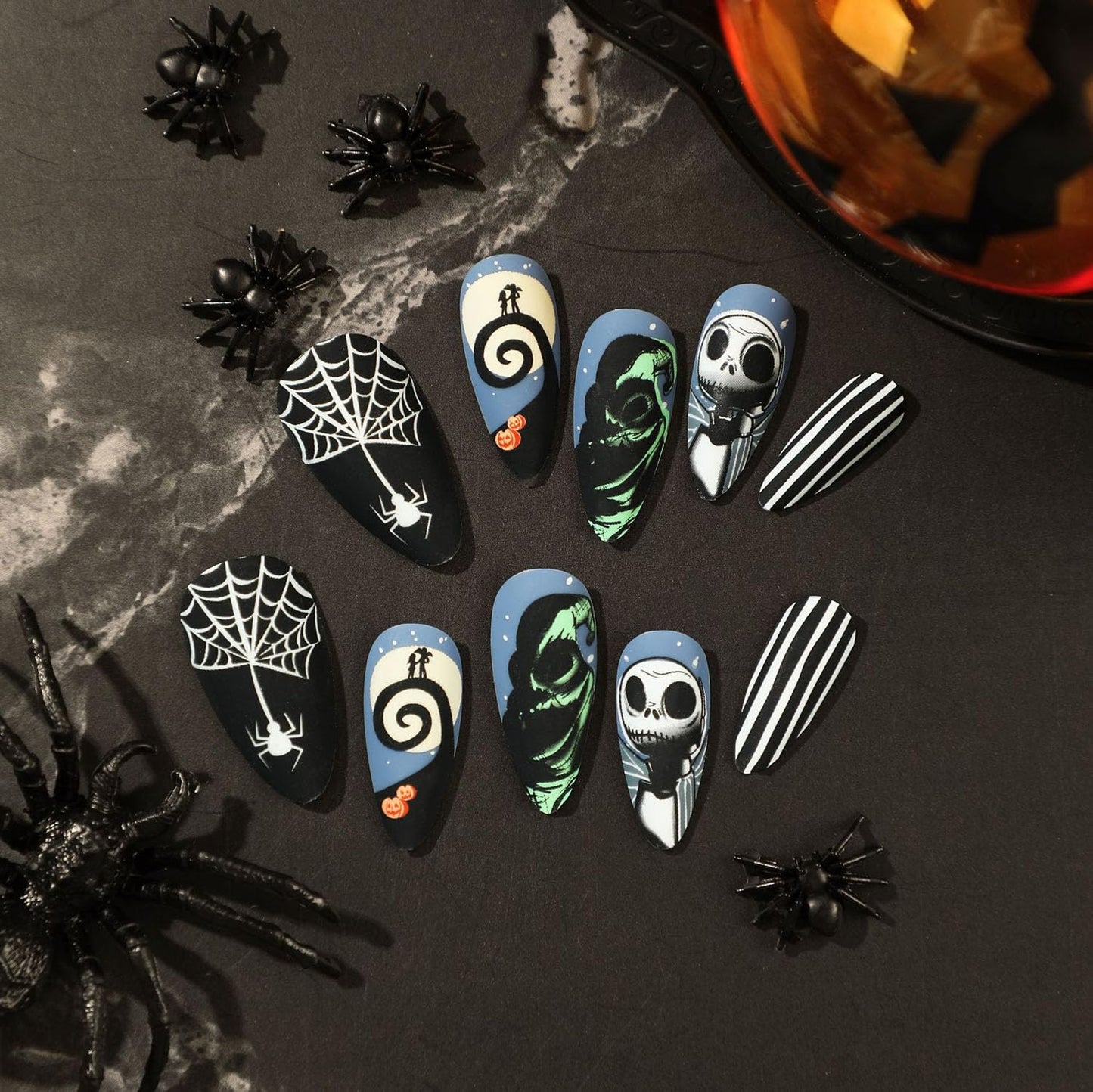 Halloween Press on Nails Medium Almond SWEKKE Fake Nails Full Cover Nightmare Nails Christmas Nails Spider Web False Nails Matte Glue on Nails Artificial Acrylic Nails for Women Girls 24 Pcs