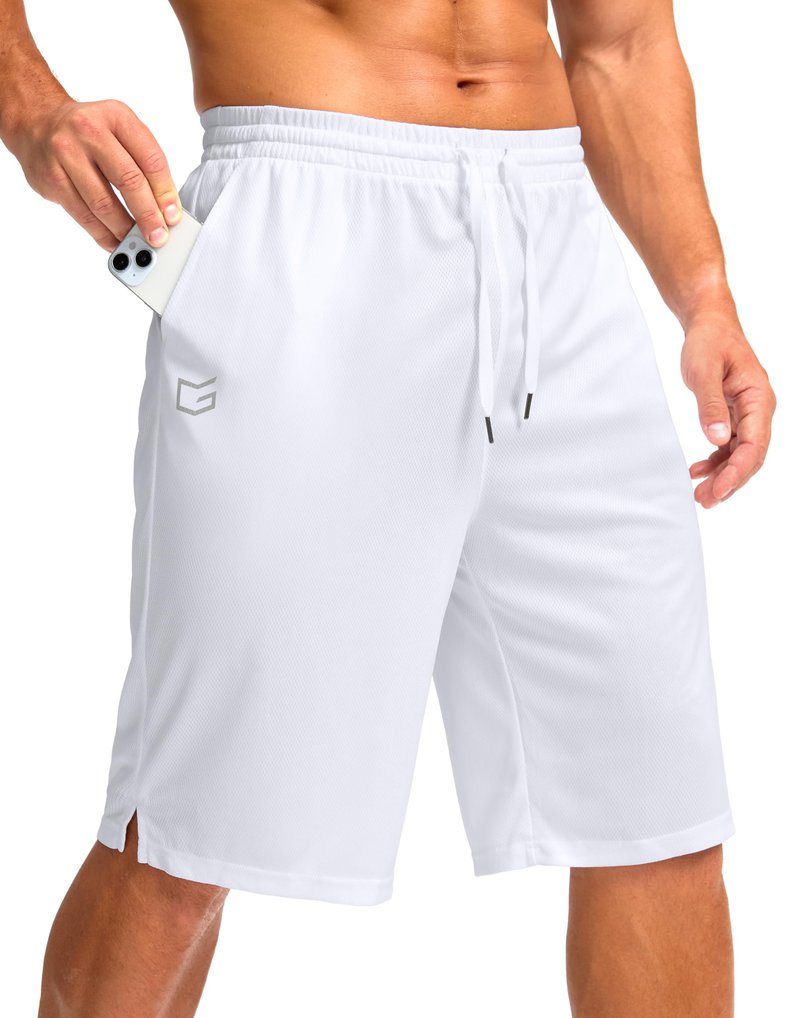 G Gradual Men's Athletic Shorts with Pockets 9" / 11" Long Basketball Shorts Lightweight Quick Dry Gym Workout Shorts for Men(White,XXL)