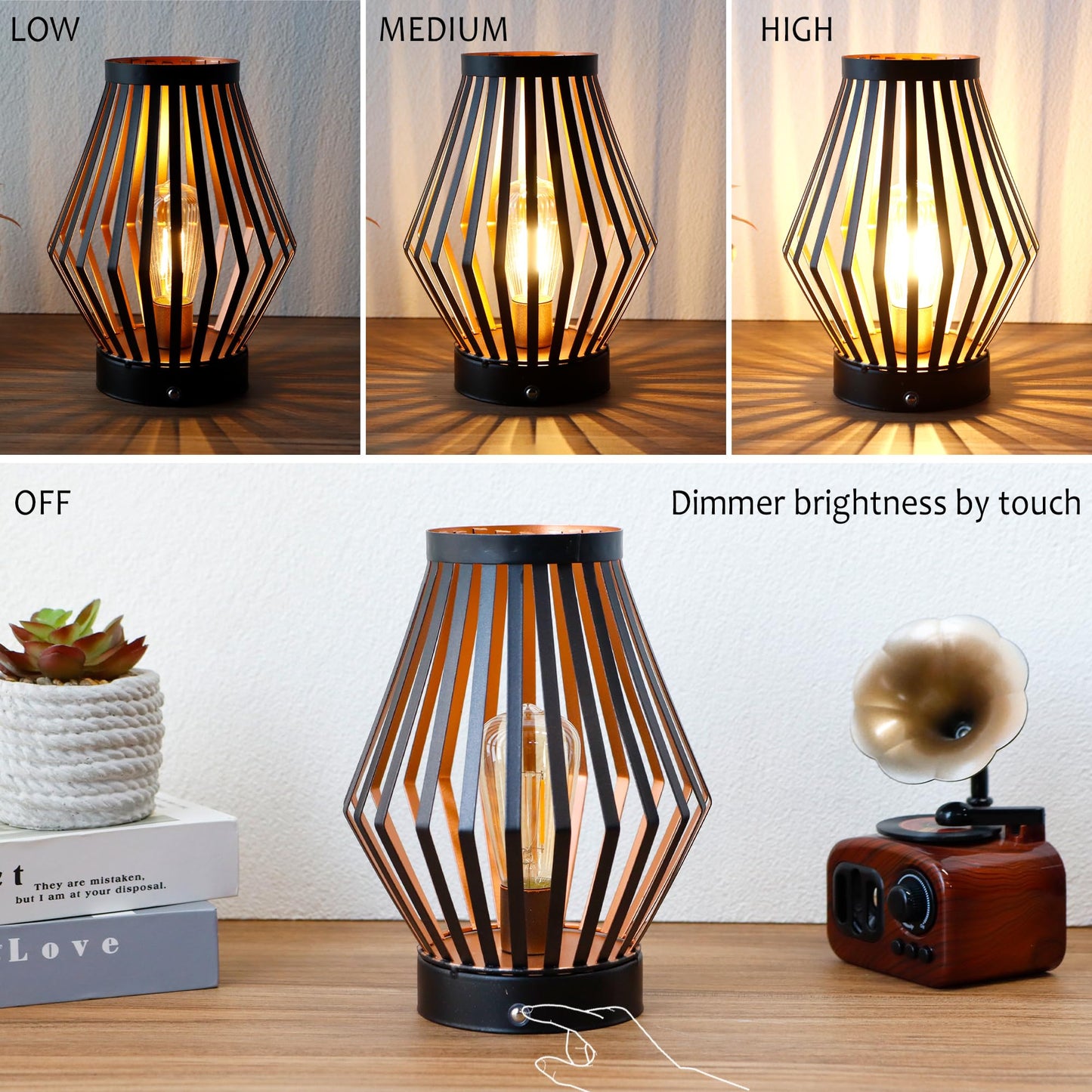 JHY DESIGN Dimmable Touch Bedside Table Lamp 20cm High Rechargeable Metal Cage Lantern with LED Edison Style Bulb Cordless Accent Lamp for Weddings Parties Patio Events for Indoors Outdoors
