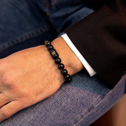 FRG Initials Bracelets Gifts for Men Letter Link Handmade Natural Black Onyx Tiger Eye Stone Beads Braided Rope Meaningful Bracelet Gifts for Son Grandson Husband Boyfriend Brother