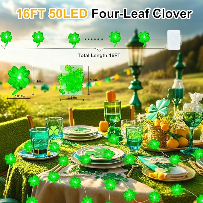 Aogist St. Patrick 's Day Decorations Clover String Lights, 16 ft 50 LED Green Shamrock Fairy Light for Saint Patrick’s Day Decor, Lucky Irish Decals Party Ornaments, Irish Party Supplies (1 Pack)