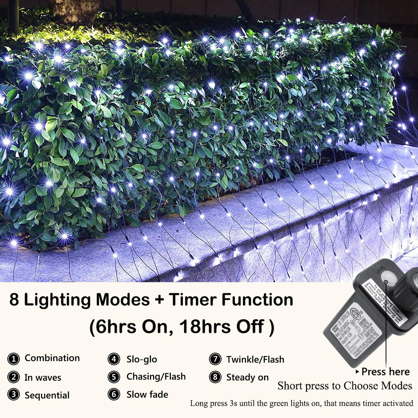 Joomer Christmas Net Lights - 12FT x 5FT 360 LED Plug-in Mesh Lights, Waterproof with 8 Modes, Timer, Connectable for Bushes, Trees, Garden, Outdoor Christmas Decor (Green Wire, White)
