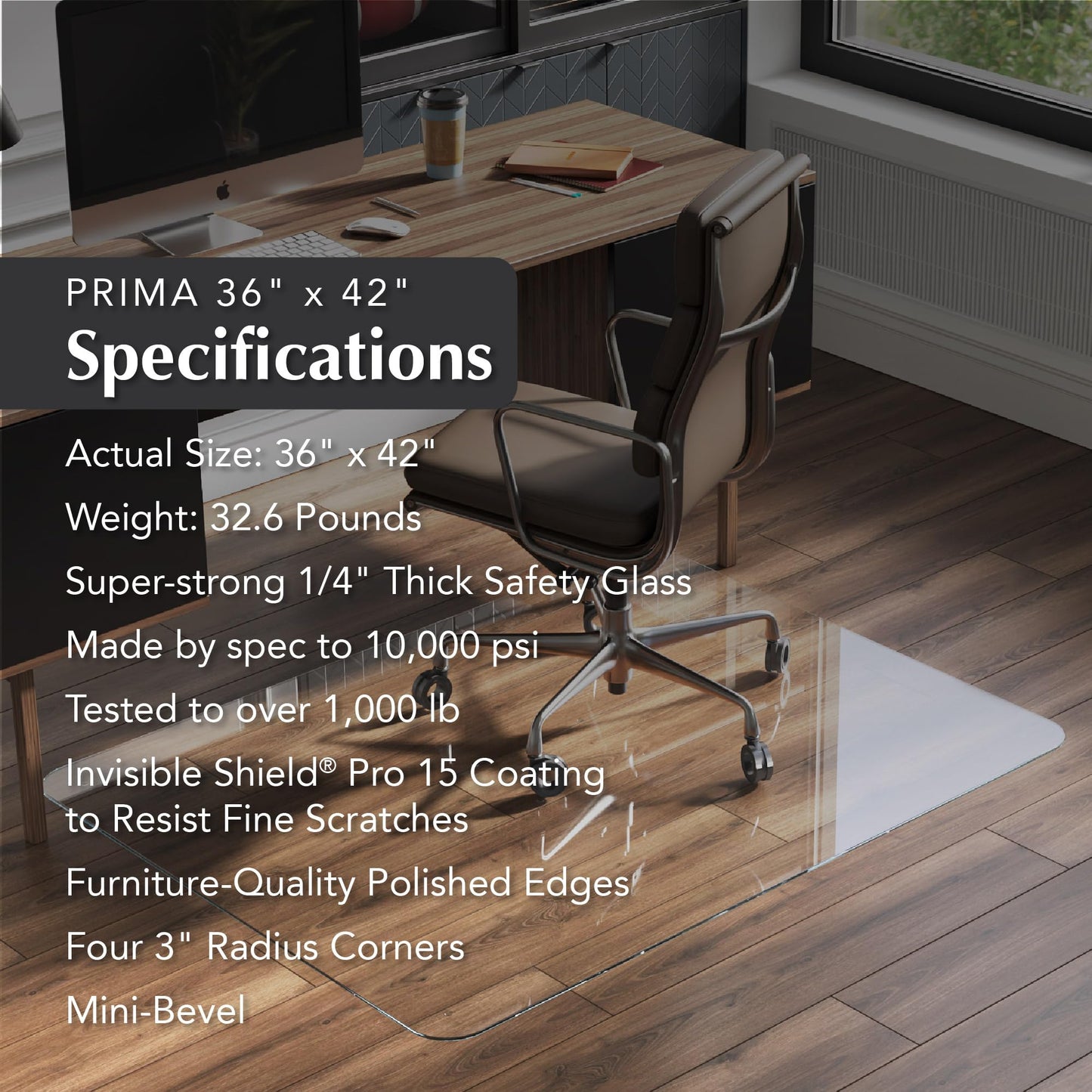 Vitrazza Glass Chair Mat 36” x 42” Superior ¼ Thick, Chiaro Standard Clear, Certified Tempered Safety Glass, Delivers a Smooth Glide, Protects Carpet or Wood, Beautiful in Home or Office
