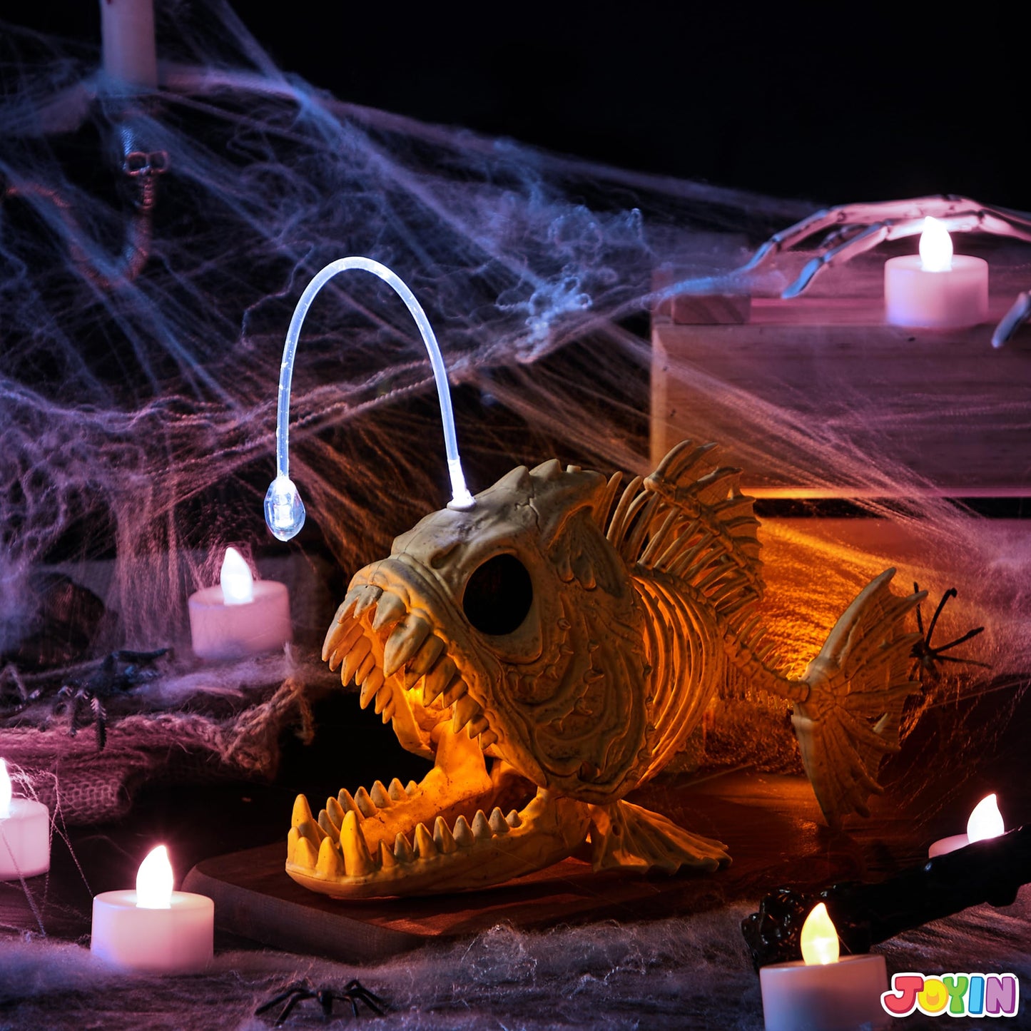 JOYIN Halloween Skeleton Lantern Fish with LED Eye Plastic Bones for Halloween Decoration Party Photo Prop, Graveyard Decor, Indoor Outdoor Spooky Scene(10.2” *5.5” *3”)