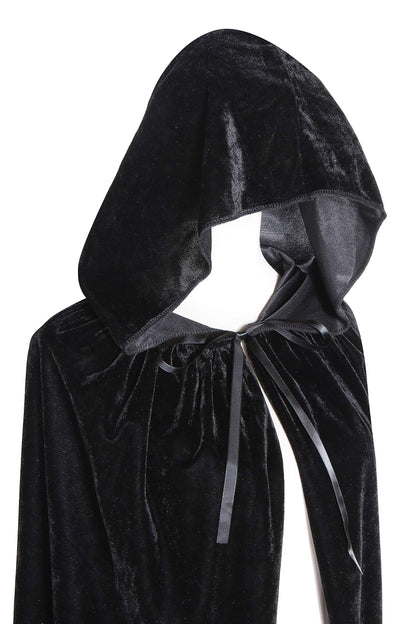 BIGXIAN Long Hooded Cloak Velvet Cape Witch Costume Halloween Costumes for Women Men (Black, Medium)