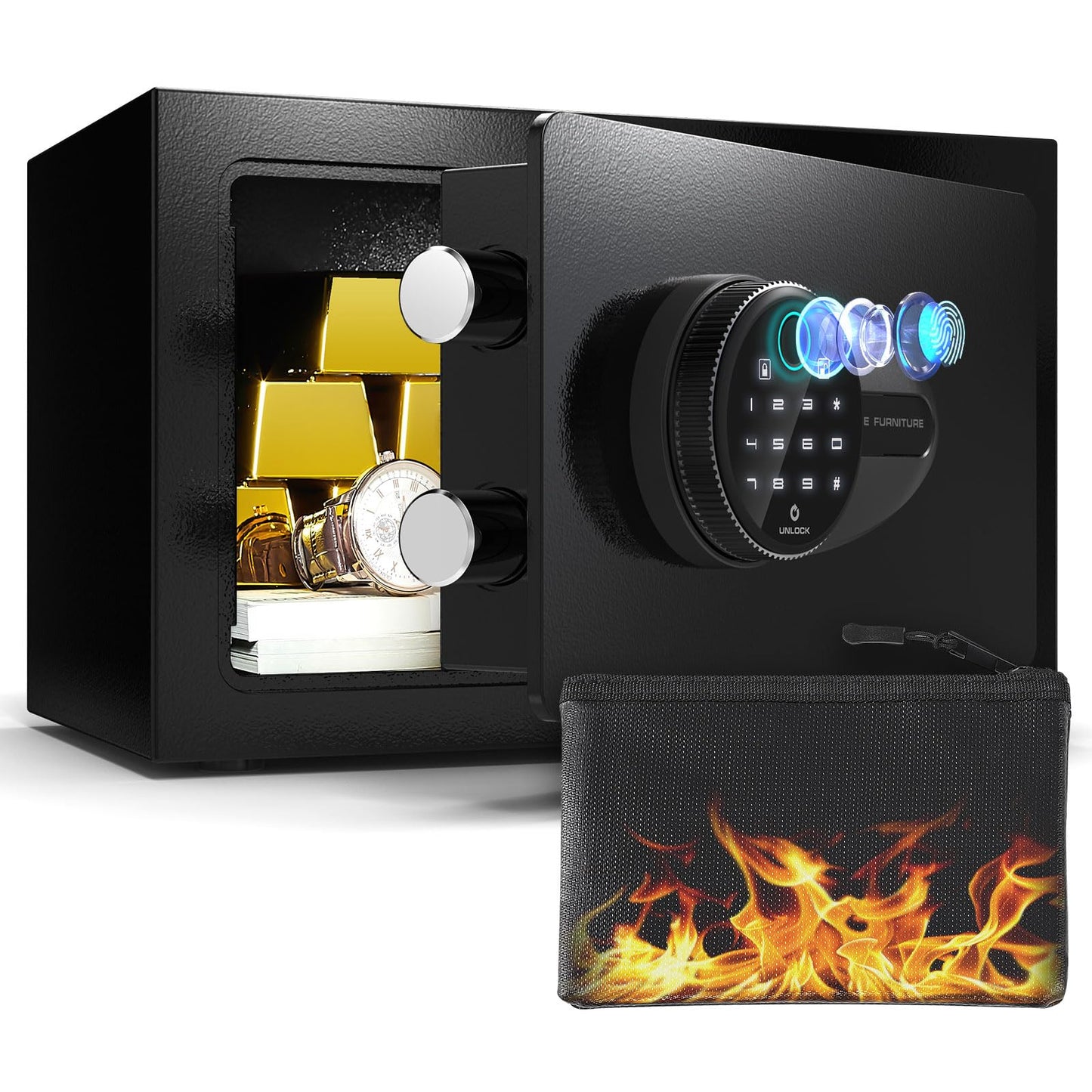 BONANO 0.5 Cub Small Safe Box, Biometric Safe with Backlit Touch Screen Keyapd and Dual Alarm System, Small safes for Home Use Fire and Water Proof Money Valuables Jewelry and Documents