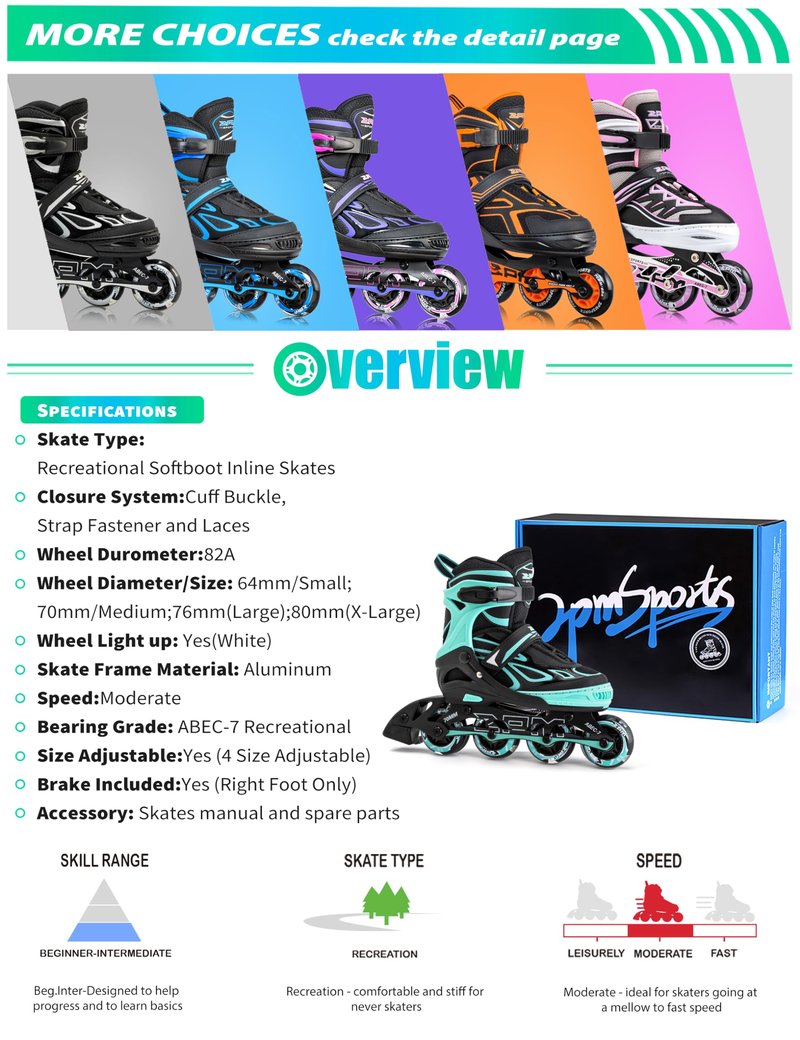2PM SPORTS Vinal Girls Adjustable Flashing Inline Skates, All Wheels Light Up, Fun Illuminating Skates for Kids Women and Men Adults Boys - Mint Extra Large