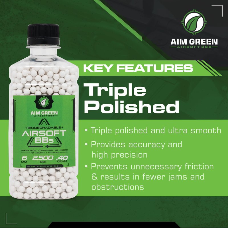 Aim Green Biodegradable Airsoft BBS, Premium-Grade 6mm Airsoft BBS, 40g, 2,500 Count