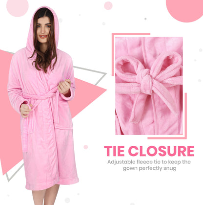 NY Threads Luxury Ladies Hooded Dressing Gown Super Soft Fleece Women's Robe Comfortable Loungewear and Nightwear, Pink, Medium