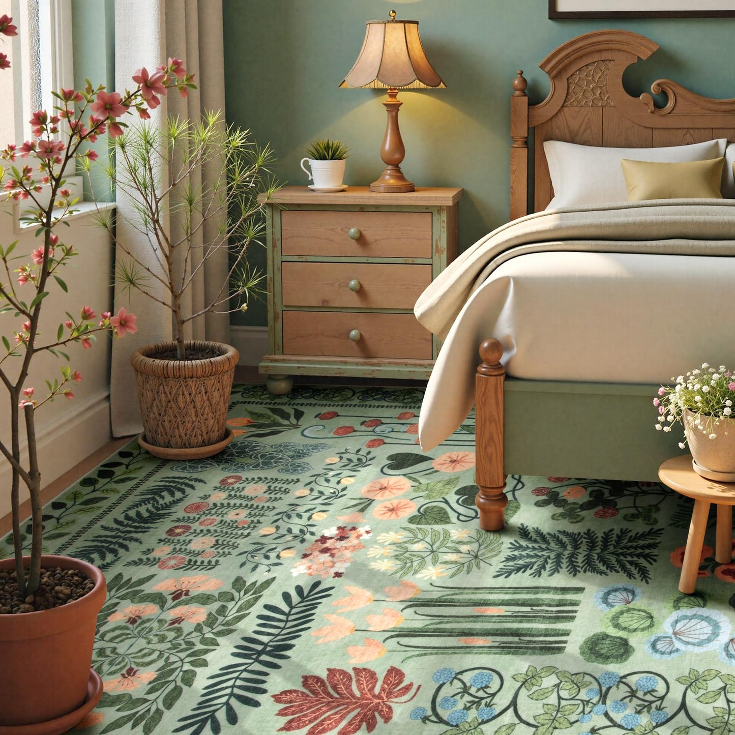 Zealude Boho Green Washable 8x10 Area Rug for Living Room, Floral Large Rugs for Bedroom Aesthetic, Non Slip Botanical Soft Indoor Throw Carpet for Dining Room Home Office Playroom (Green,8 x 10)