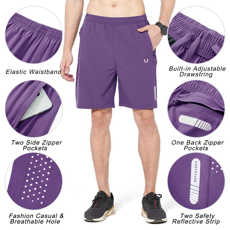 NORTHYARD Men's Athletic Running Shorts Gym Workout 7"/9"/5" Quick Dry Lightweight Sports Basketball Tennis 3 Zipper Pockets Purple 3XL
