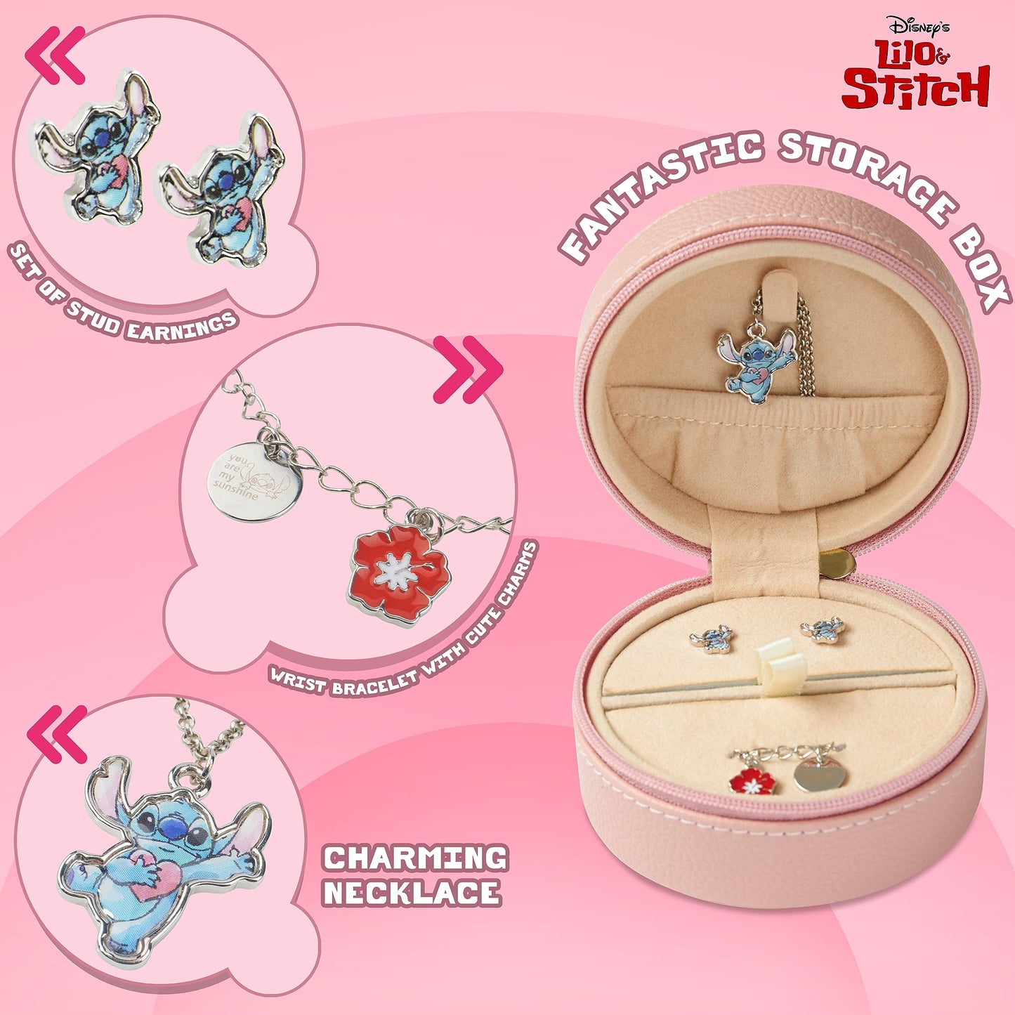 Disney Stitch Girls Jewellery Set, Friendship Necklace Earrings Bracelet Rings - Stitch Gifts (Jewellery Set Stitch)