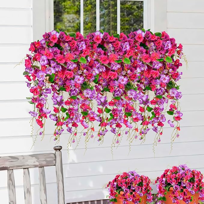 Artificial Flowers for Outdoors 2 Pack Fake Hanging Plants with Faux Hibiscus Flowers Summer Fall Decor UV Resistant Silk Leaves for Indoor Outdoor Front Door Porch Patio Planter Decor