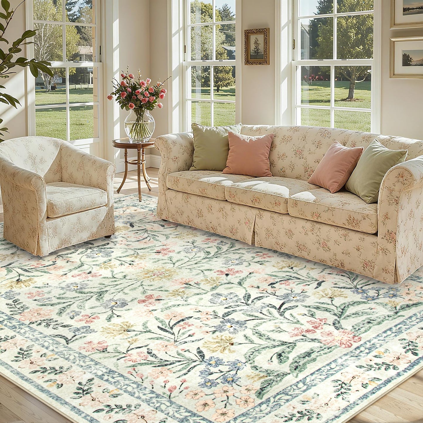 Lahome Sylvie Boho Rugs for Living Room, Washable Large 8 x 10 Area Rugs for Bedroom Non Slip, Soft Ultra-Thin Distressed Floral Throw Carpet for Office Dining Room, Cream/Multi