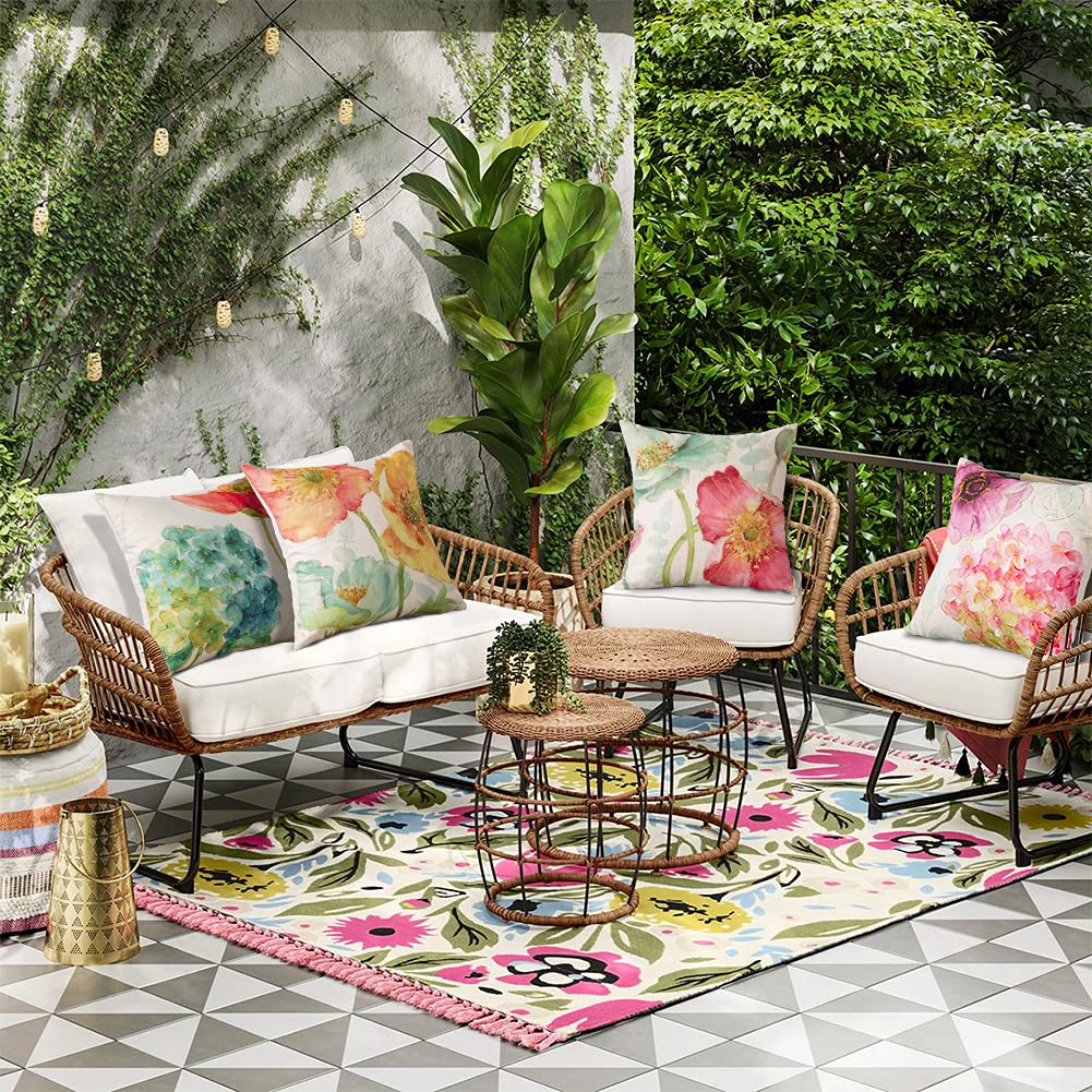 Artscope Set of 4 Waterproof Cushion Covers 45x45cm, Decorative Hydrangea and Lotus Throw Pillow Covers, Perfect to Outdoor Patio Garden Bench Living Room Sofa Farmhouse Decor