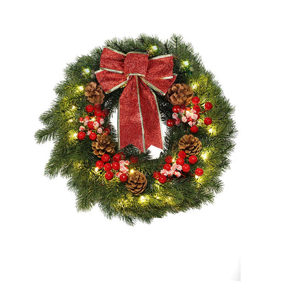 MorTime 16 Inches LED Christmas Wreath with Pinecones Red Berries, Red Bowknot Lighted Christmas Wreath with 40 LED Warm White Lights for Winter Holidays Home Decoration