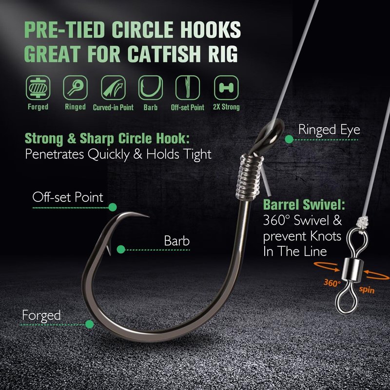 Dovesun 10PCS Circle Hooks Rigs Pre-Rigged Catfish Rig for Saltwater Freshwater Fishing Hooks for Catfish 2/0