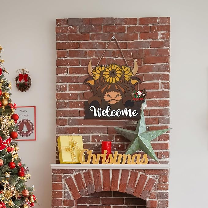 Highland Cow Front Door Decorations - Interchangeable Welcome Sign for Front Door with 15 Set Changeable Icons for Seasons Holiday Thanksgiving Christmas Door Decor
