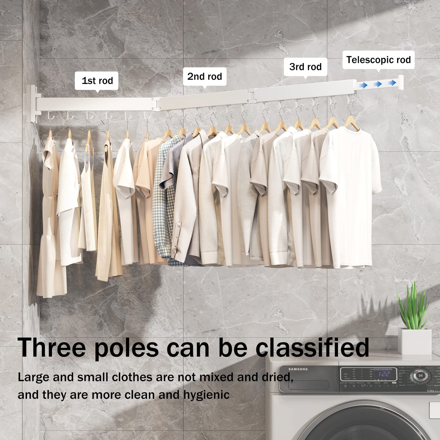 BOQORAD Clothes Drying Rack Wall Mounted,Drying Rack Clothing,Laundry Drying Rack Wall Mount,Collapsible Drying Racks for Laundry,Retractable,Foldable,Clothes Dryer Rack(White-J Type Hooks)