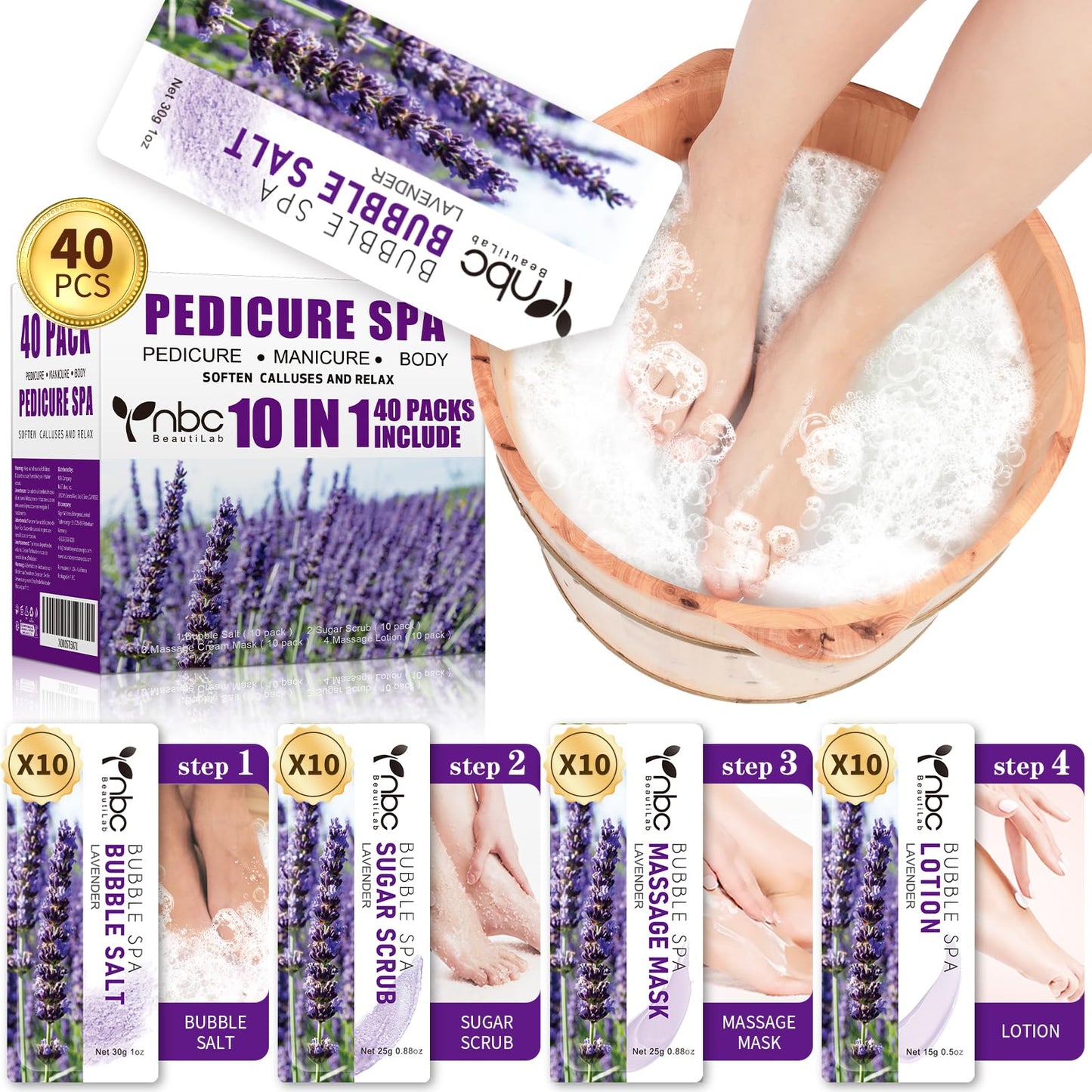 Pedicure Kit Foot Soak Set: Bubble Salt, Sugar Scrub, Massage Mask, Massage Lotion in a Box, 4 Step Foot Spa Kit for Dry Feet,Tired Feet（3 Set Tropical Fruit)