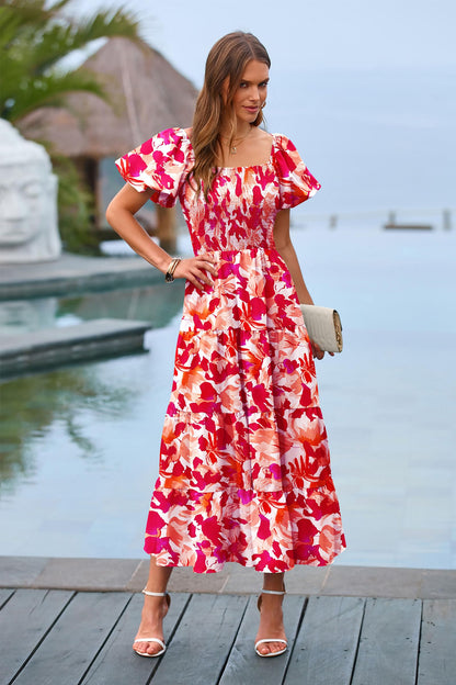 PRETTYGARDEN Women's Casual Summer Midi Dress Puffy Short Sleeve Square Neck Smocked Tiered Ruffle Dresses (Floral Red,Medium)