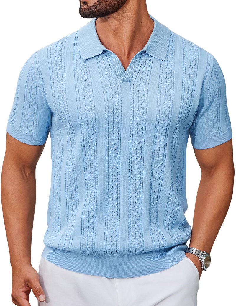 COOFANDY Knit Shirts for Men Polo Shirts Short Sleeve Casual Textured Collared Polo Shirt Golf Old Money Polos Light Blue
