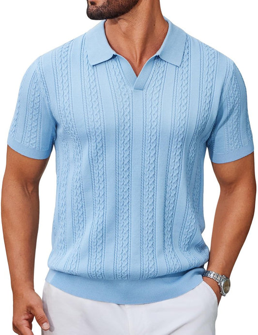 COOFANDY Knit Shirts for Men Polo Shirts Short Sleeve Casual Textured Collared Polo Shirt Golf Old Money Polos Light Blue