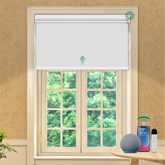 Allesin Motorized Roller Blinds with Remote Control for Windows, Blackout Smart Roller Shade, Battery Powered Electric Smart Blind (White,H72 x W31)
