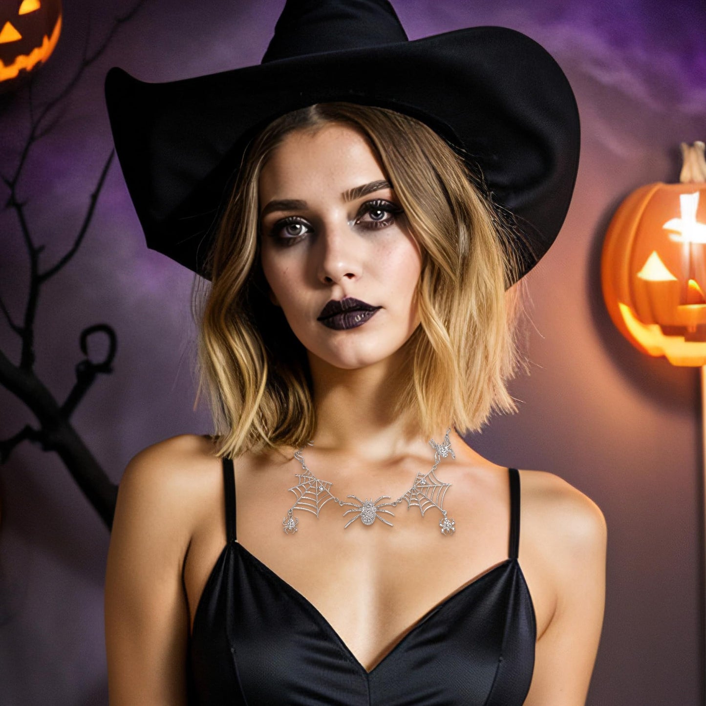 EVER FAITH Halloween Tarantula Spider Web Necklace Clear Austrian Crystal Silver-Tone