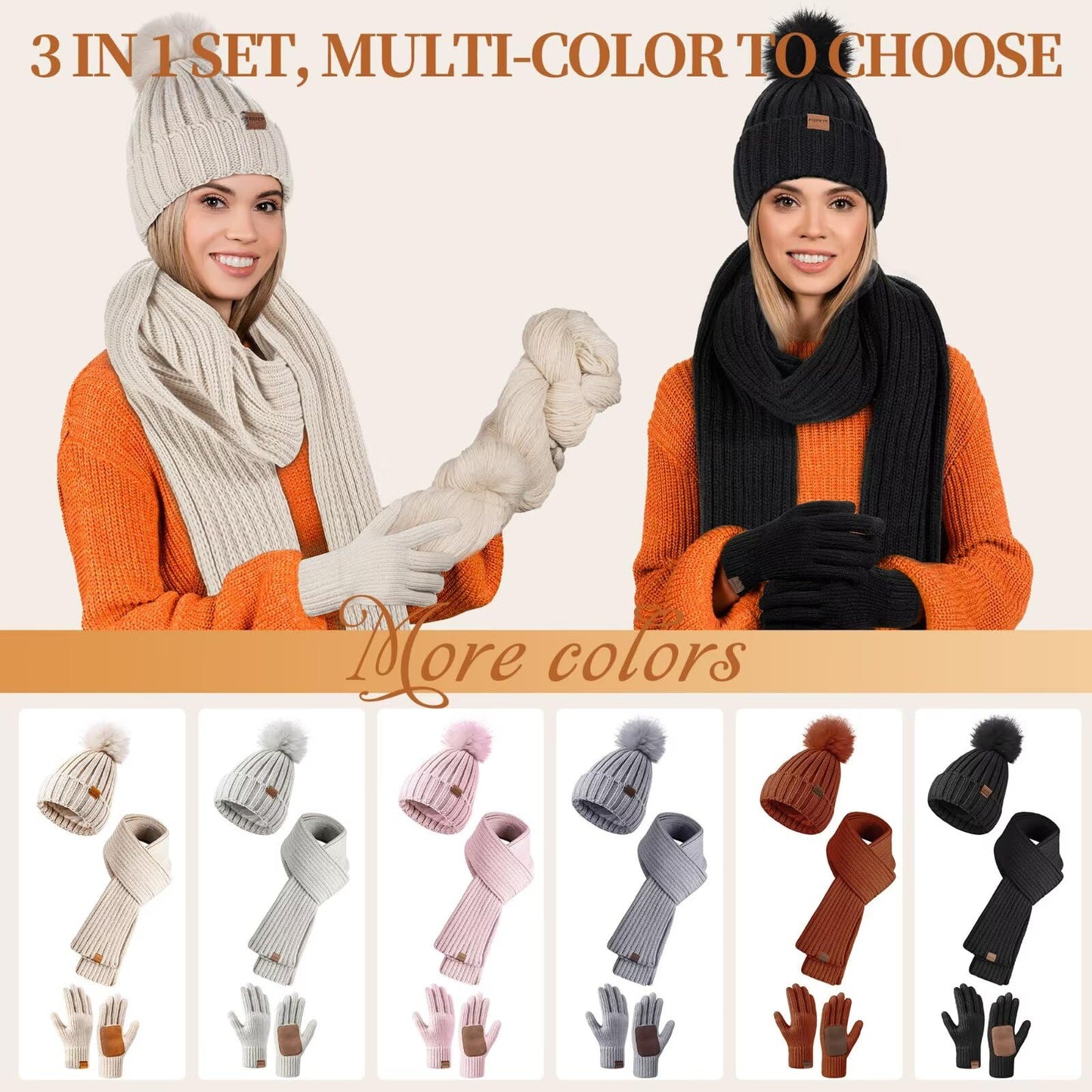 Winter Beanie Hat Scarf Gloves Set for Women, Winter Hats for Women Fleece Lined with Pom Pom Neck Warmer Touchscreen Gloves 3 in 1 Cold Weather Set, Stocking Stuffers Gifts for Mom Her(Oatmeal)