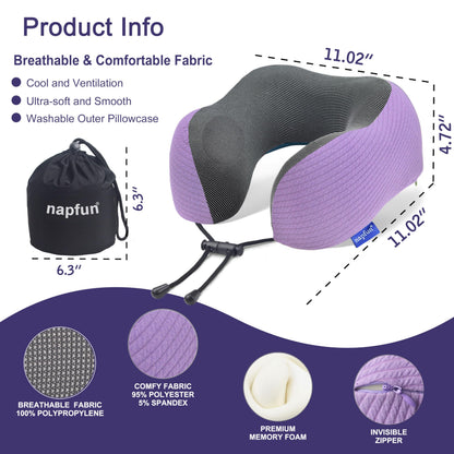 napfun Neck Pillow for Traveling, Upgraded Travel Neck Pillow for Airplane 100% Pure Memory Foam Travel Pillow for Flight Headrest Sleep, Portable Plane Accessories, Light Grey