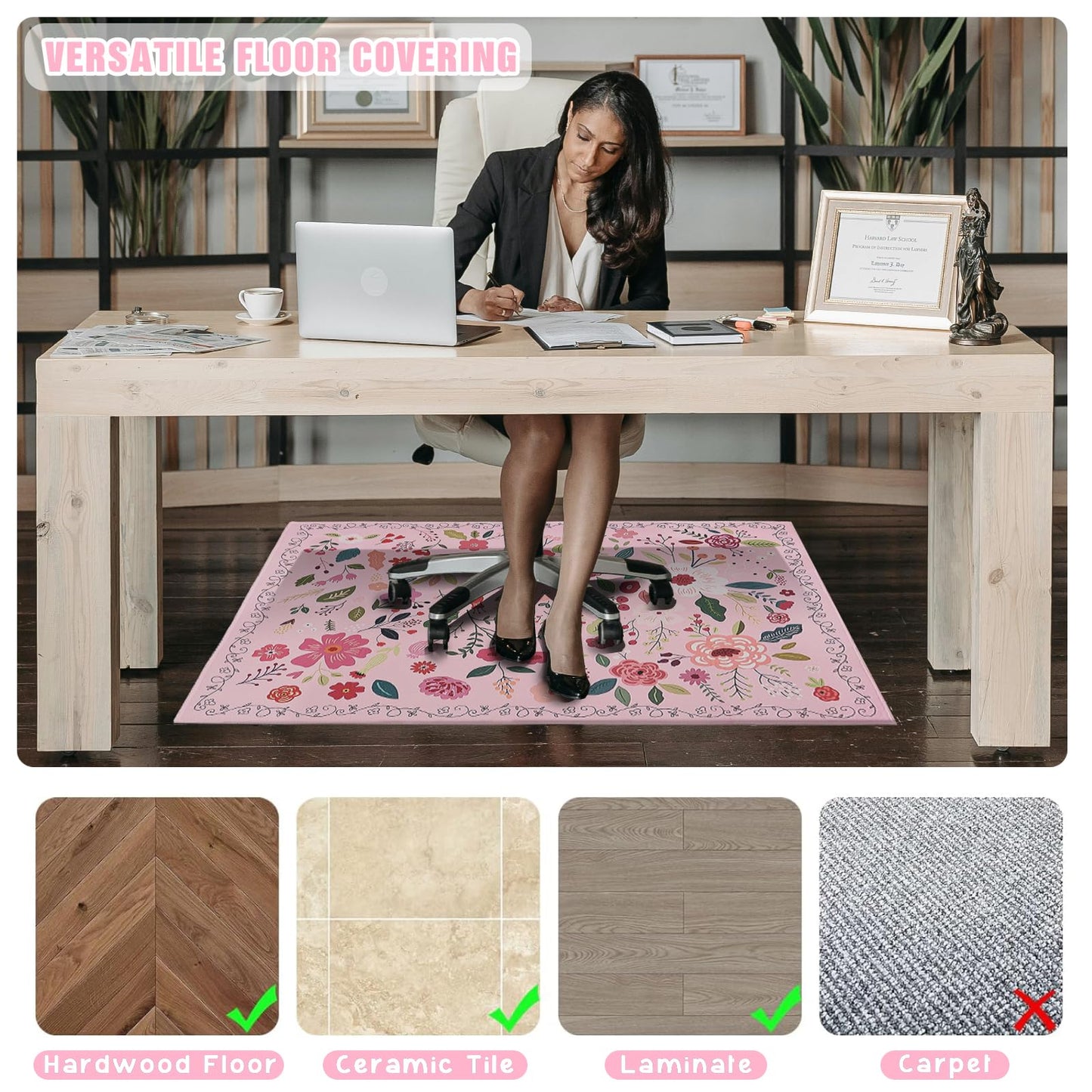 Office Chair Mat for Hardwood Floor 36"X 48" Heavy Duty Desk Chair Rug for Under Gaming Rolling Chairs Computer Decor Protect Mats Low Pile Non-Slip Rubber for Carpet & Tile Floor-Boho Flower