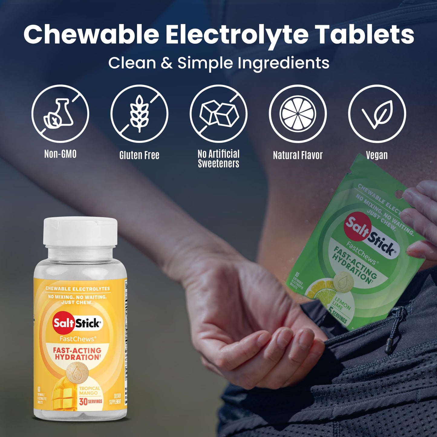 SaltStick Electrolyte FastChews - Tropical Mango Chewable Electrolyte Tablets - Salt Tablets for Runners, Electrolyte Chews for Hydration - 60 Count