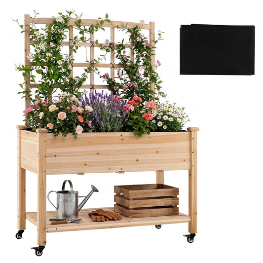 Giantex 65'' Wooden Raised Garden Bed w/Trellis on Wheels, Mobile Elevated Planter Box w/Legs, Liner & Drainage Holes for Climbing Plant Vegetable Herb Flower, Outdoor Garden Box, Backyard Balcony