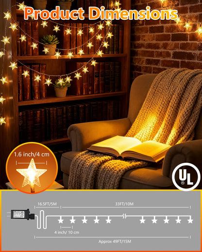 Twinkle Star 100 LED Star String Lights, 33FT Plug in Fairy String Lights Waterproof for Bedroom Decor, Indoor, Outdoor, Wedding Party, Christmas Tree, New Year, Ramadan, Warm White
