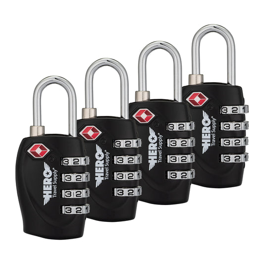 Hero Luggage Lock (Pack of 4) TSA Approved, Four-Digit Combination Padlock for Travel, Suitcases, Lockers, Backpacks