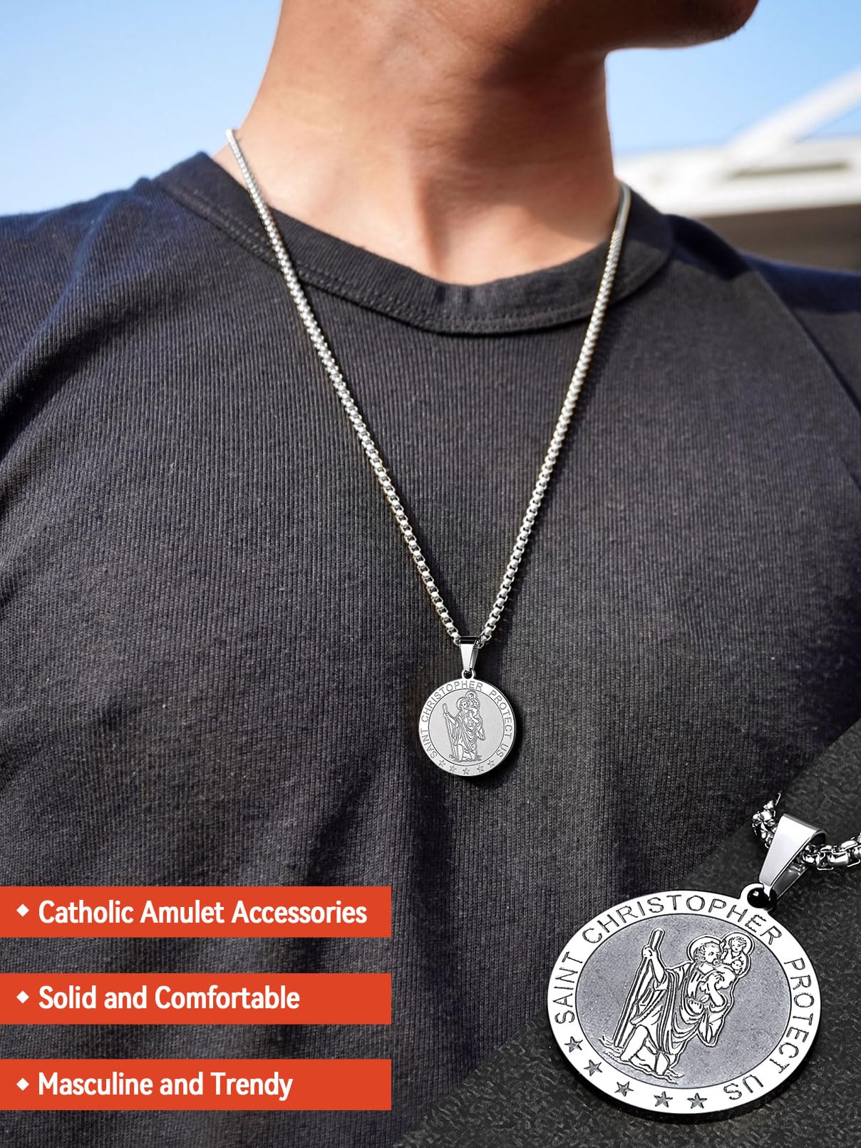 FaithHeart St Christopher Necklace for Men Protective Jewellery Childrens Saint Christopher Pendant with Sturdy Chain Stainless Steel Catholic Necklaces Womens Gifts for Birthday