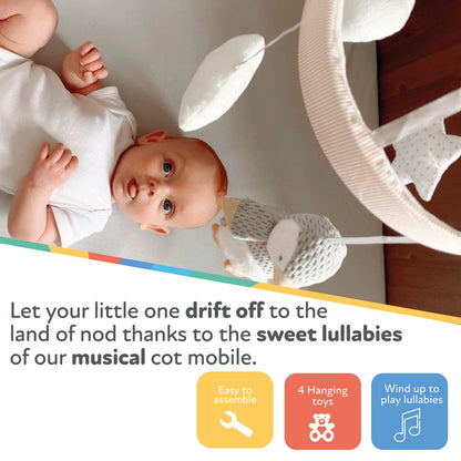 Nuby Penguin Musical Cot Mobile for Babies – Spinning Baby Mobile with Adjustable Arm to Fit Most Cots | Calming Lullabies | Plush Toys