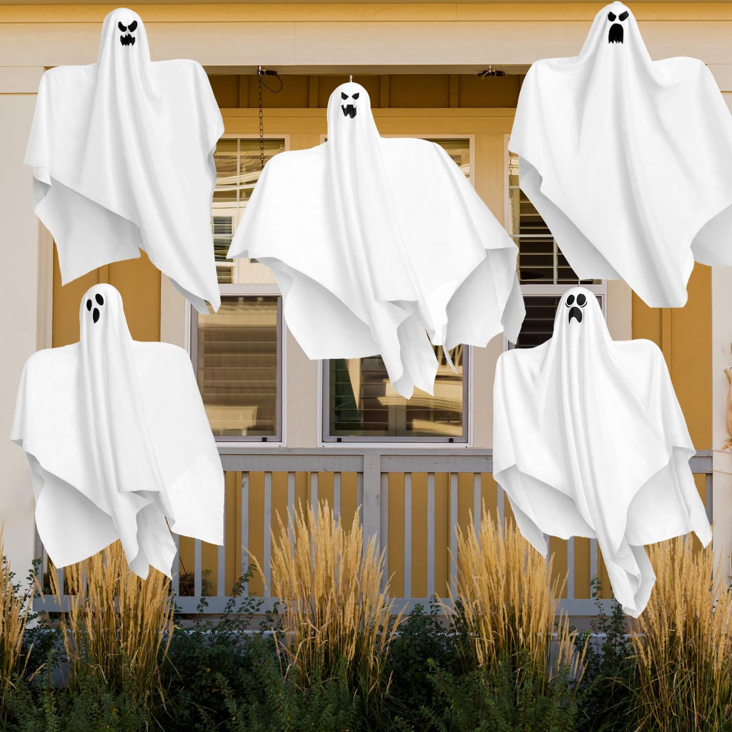 JOYIN 27.5" Halloween Hanging Ghosts Outdoor Decoration(5 Pack), Cute Flying Ghost for Halloween Front Yard Patio Lawn Garden Party Décor and Holiday Hanging Decorations