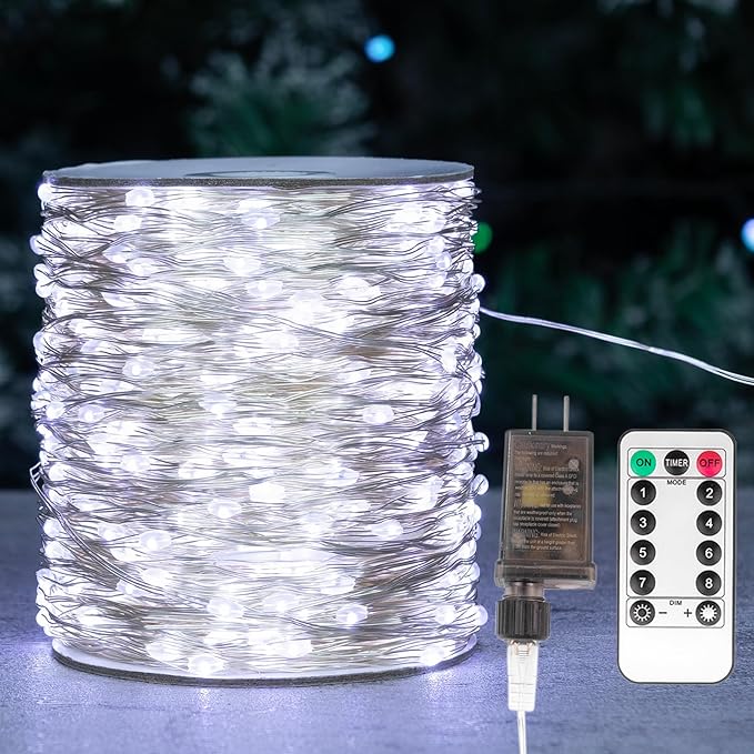 Fairy Lights Plug in,100FT 300LEDs Waterproof Led String Lights,8 Modes Remote Twinkle Light for Outdoor Indoor Christmas Wedding Birthday Garden Party Decorations,Silver Wire,Cool White
