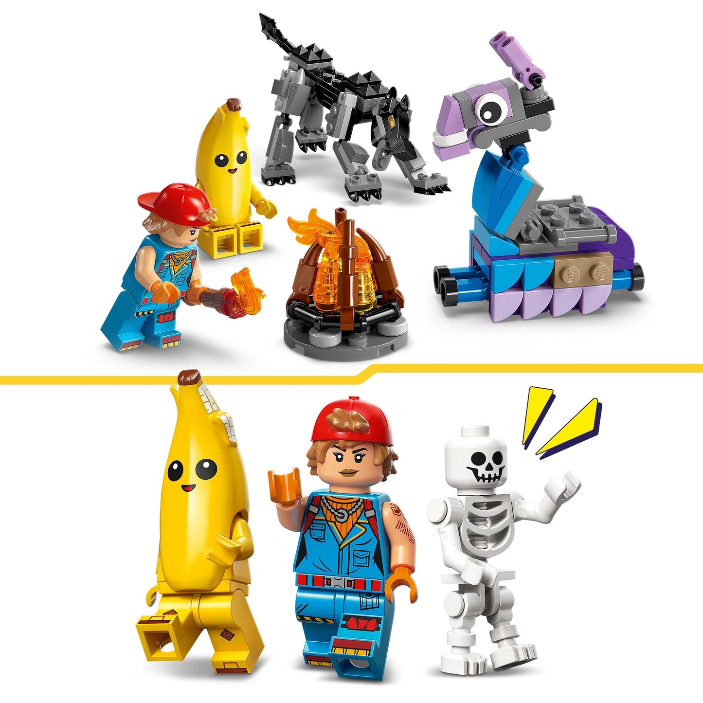 LEGO Fortnite Peely & Sparkplug’s Camp Toy - incl. Wolf & Supply Llama Figures plus 3 Minifigures & a Campfire - Gaming Gift for 7+ Year Old Boys, Girls & Fans - 77075