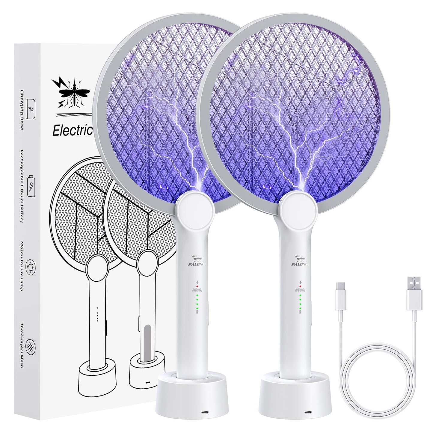 Electric Fly Swatter, 4000V Bug Zapper Racket, 2 in 1 Indoor Outdoor Mosquito Killer with 3-Layer Safety Mesh, Fly Zapper Racket with USB Rechargeable Base for Pest Insect Control 2 Pack