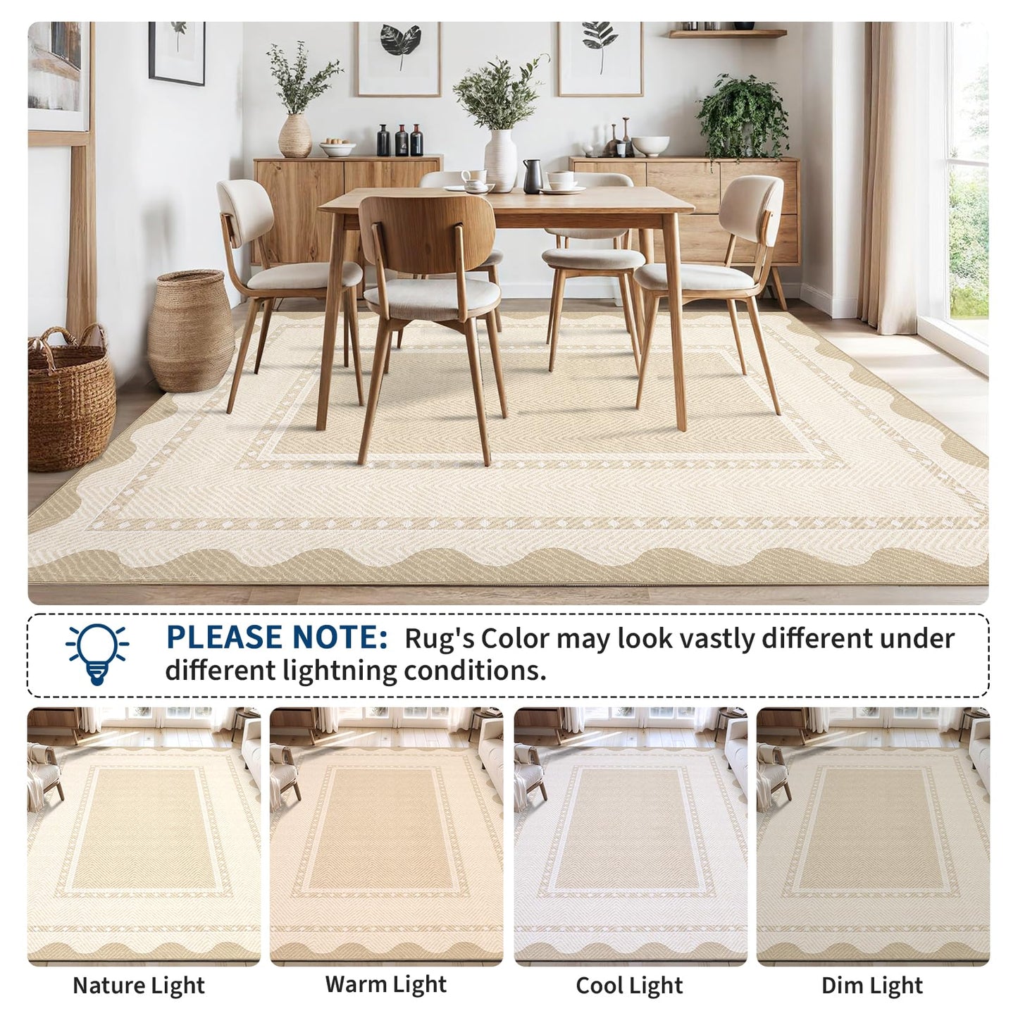 COZYLOOM Modern Living Room Rug 5x7 Rug for Entryway Indoor Machine Washable Area Rugs with Non Slip Backing, Non Shedding Stain Resistant Neutral Bordered Carpet for Office Nursery, Beige