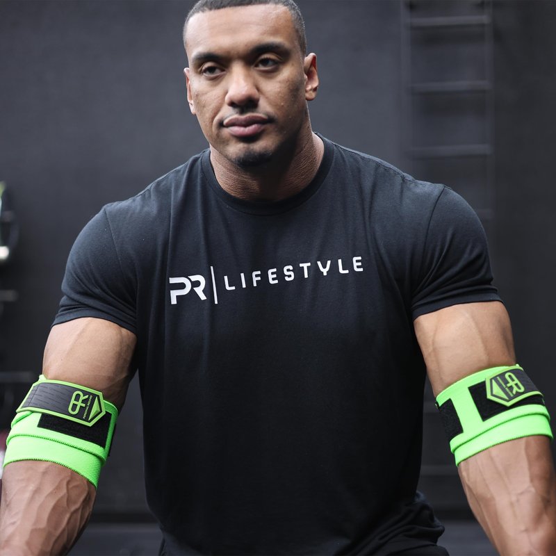PR Personal Record Elbow Wraps for Weightlifting - Heavy Duty Construction, 25% More Elasticity, Reinforced Stitching, Extra Wide Fastener, Easy to Adjust, (Neon)