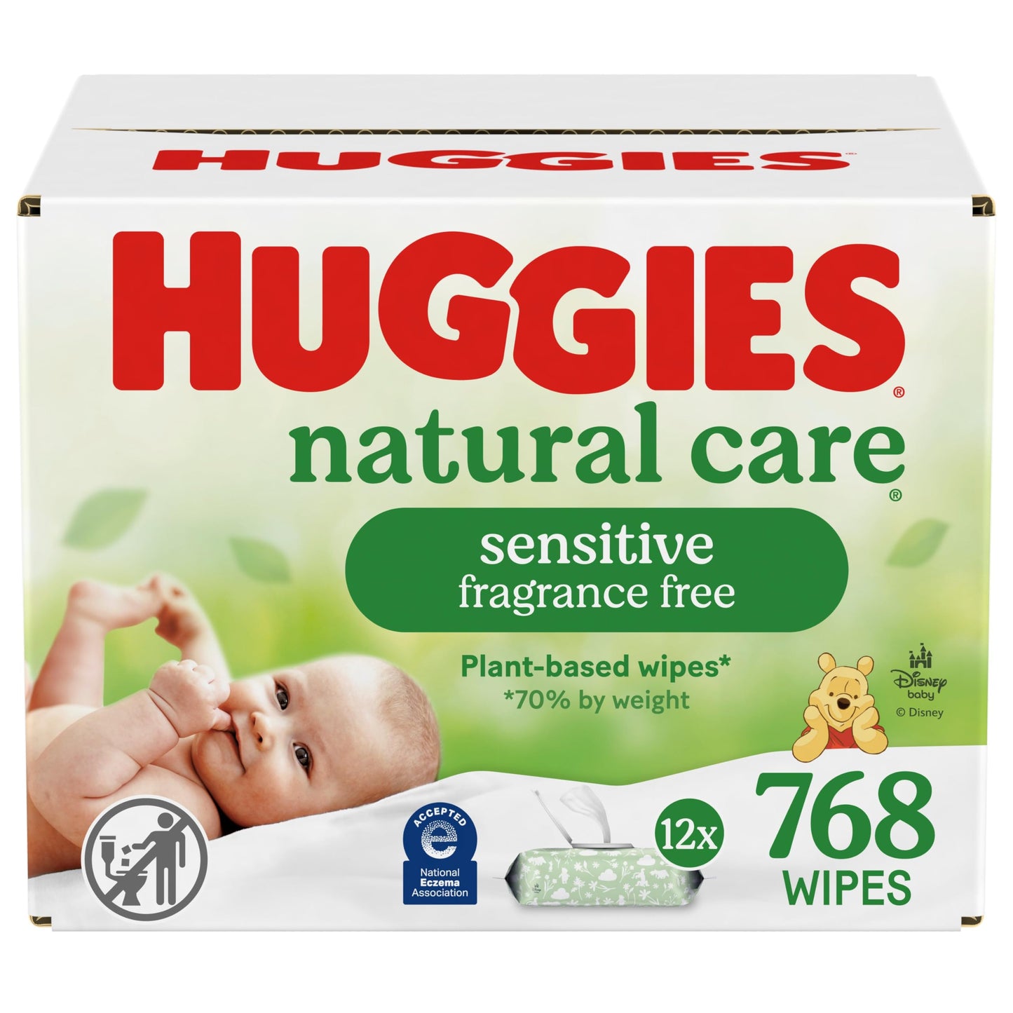 Huggies Natural Care Sensitive Baby Wipes, Unscented, Hypoallergenic, 99% Purified Water, 12 Flip-Top Packs (768 Wipes Total), Packaging May Vary