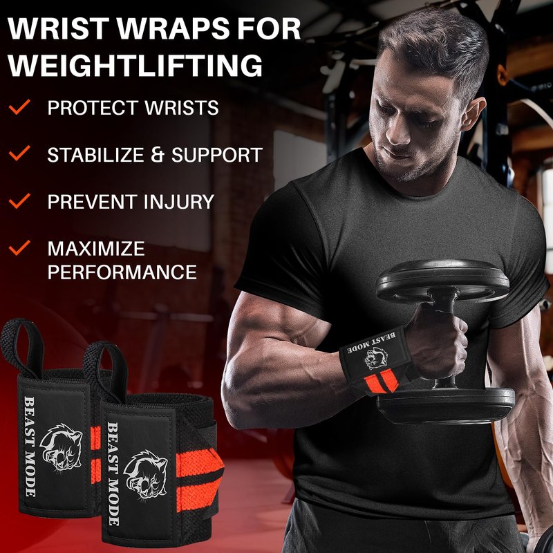TECEUM Weightlifting Wrist Wraps with Thumb Loop – Black and Red – Arms on Fire – 18 inch – Heavy-Duty Workout Wrist Support & Protection – Ideal for Powerlifting, Strength Training, Bodybuilding
