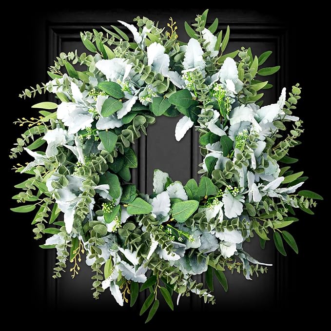 26 Inch Eucalyptus Front Door Wreath for All Season, Large Greenery Lambs Ear Wreath Use for Home Decor Porch Outdoor Indoor Hanging, Modern Farmhouse Style